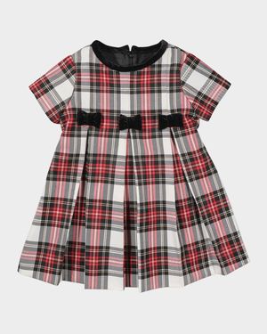 Girl's Velvet Bow Plaid Dress, Size 6M-18M
