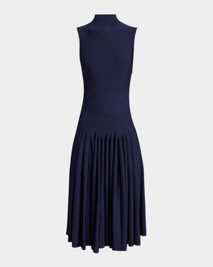 High-Neck Pleated Knit Midi Dress