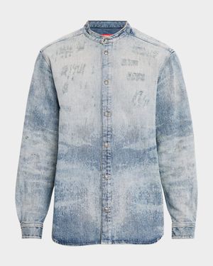 Men's D-Simp Band-Collar Denim Snap-Front Shirt
