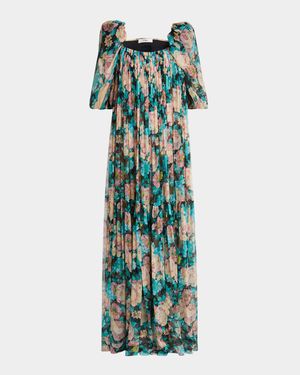 Long Floral Puff-Sleeve Silk Dress