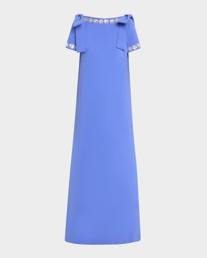 Crystal-Trim Boatneck Column Gown With Shoulder Bows