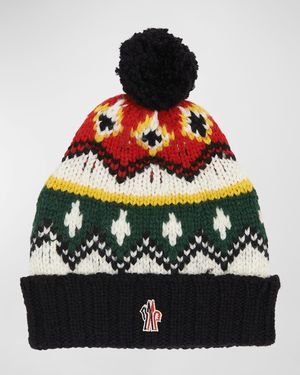 Kid's Fair Isle Rib-Knit Wool Logo Beanie