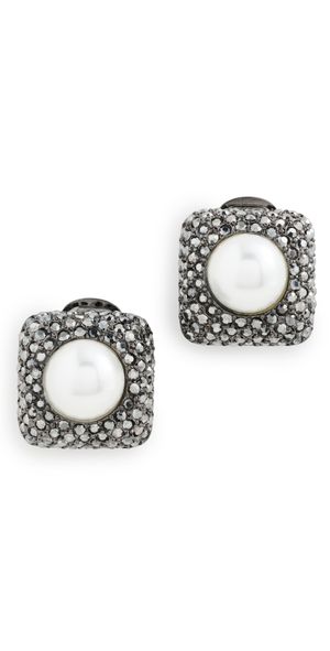 Kenneth Jay Lane Pearl Ball Center Square Clip Earrings Gunmetal/White Pearl One Size