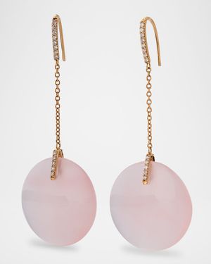 Estate 18K Rose Gold Diamond and Pink Quartz Flying Saucer Disc Drop Earrings