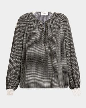 Micro Check Silk Long-Sleeve Blouse