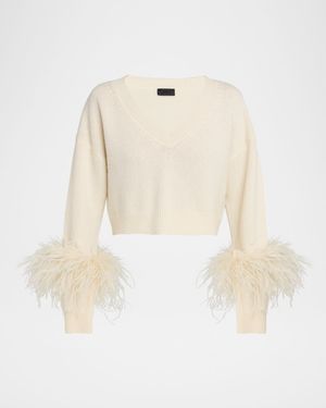 Feather-Trim Cashmere Crop Sweater