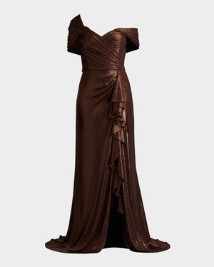 Pleated One-Shoulder Metallic Gown