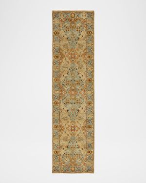 Damask on Blue Hand-Knotted Oushak Rung, 3' x 10'