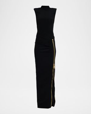 Mock-Neck Zip Slit Sleeveless Gown