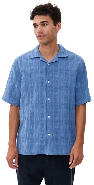 Wax London Seersucker Waffle Didcot Shirt Mid Blue L