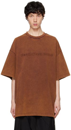 Feng Chen Wang T-shirt brun à effet délavé et à appliqués à logo