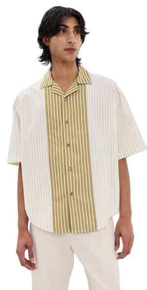 AMI Striped Boxy Fit Camp Collar Shirt Off White/Lichen/Curry L