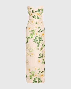 Floral-Print Draped Strapless Gown