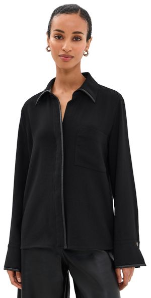 Vince Long Sleeve Blouse with Faux Leather Trim Black XS