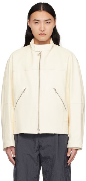 Solid Homme White Band Collar Leather Jacket