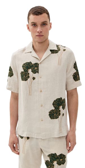 Frescobol Carioca Roberto Linen Short Sleeve Shirt Ecru & Evergreen XL