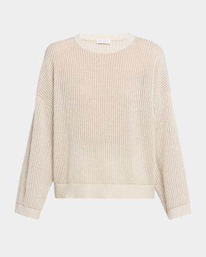 Metallic Openwork Cotton Rib Crewneck Sweater