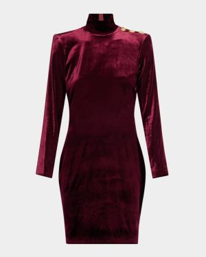 Turtleneck Button-Shoulder Velvet Mini Dress