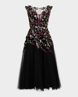 Sequin Embroidered Tulle Midi Dress