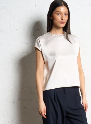 Imperial - Top col rond satiné à starss - Taille L - Blanc
