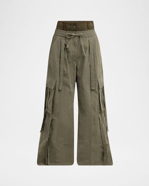 Dual-Waistband Wide-Leg Cargo Trousers