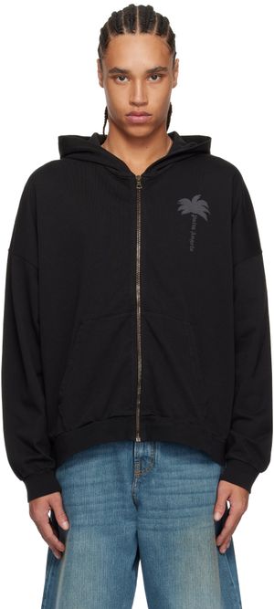 Palm Angels Pull à capuche noir à glissière et à images de palmier