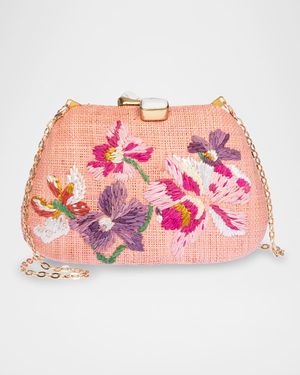 Tamu Floral-Embroidered Raffia Clutch Bag