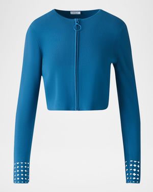 Dot Lace-Cuff Knit Crop Zip Cardigan