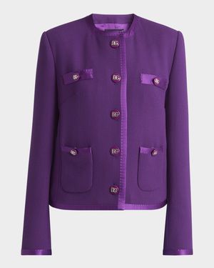 Satin-Trim Wool Crepe Collarless Jacket