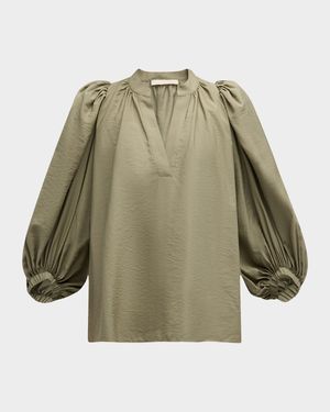 Bell Ruched Blouson-Sleeve Blouse