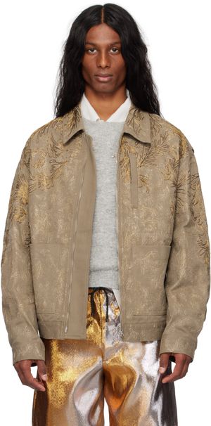Dries Van Noten Blouson taupe à motif brodé