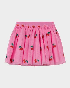 Girl's Cherry-Embroidered Tulle Skirt, Size 4-10