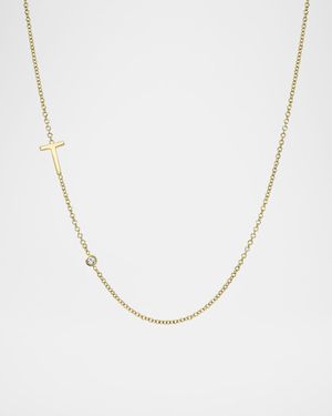 14k Gold Asymmetrical Initial and Bezel Diamond Necklace