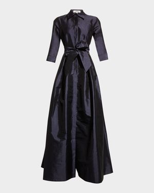3/4-Sleeve Taffeta Shirtdress Gown