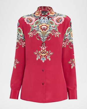 Floral Silk Long-Sleeve Tunic Blouse