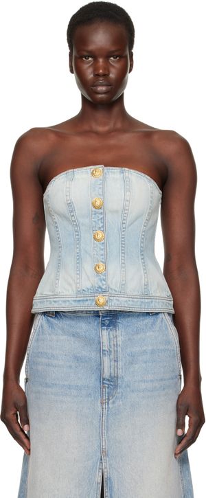 Balmain Blue Buttoned Denim Corset Top