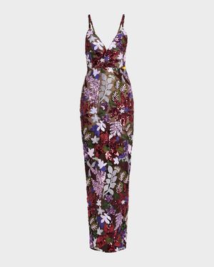 Allegra Sequin Floral-Embroidered Column Gown