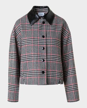 Faux Leather-Collar Glen Check Tweed Jacket
