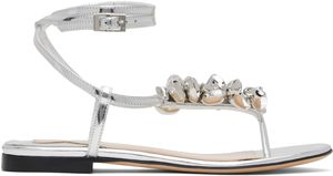 MACH & MACH Silver Puffy Heart Mirror Leather Thong Sandals