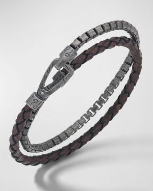 Double Mix Brown Woven Leather and Oxidized Silver Chain Bracelet