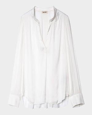 Tink V-Neck Satin Long-Sleeve Blouse