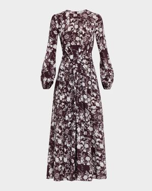 Paravacini Floral Silk Long-Sleeve Maxi Dress