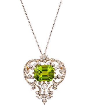 Estate Edwardian Peridot Scroll Pin Pendant Necklace