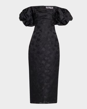 Thelma Off-The-Shoulder Puff-Sleeve Fil Coupe Midi Dress