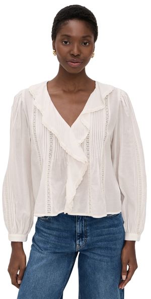 Madewell Lace-Insert Ruffled Pintuck Long-Sleeve Top Winter White XXS