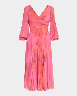 Pleated Abstract-Print Chiffon Midi Dress