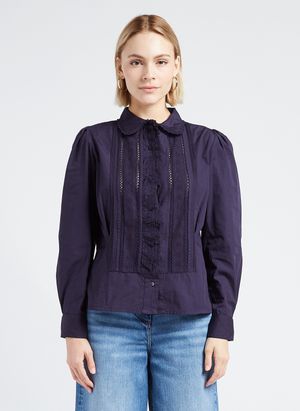 Antik Batik - Chemise col claudine en popeline de coton - Taille L - Bleu