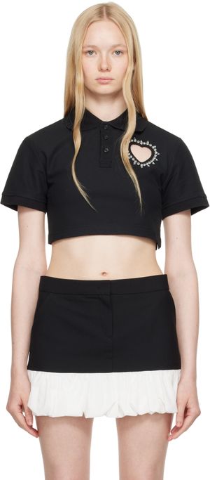 AREA Black Crystal Heart Cutout Cropped Polo