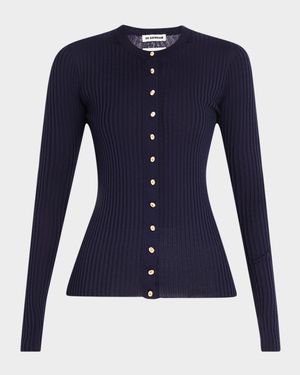 Silk Ribbed Crewneck Cardigan