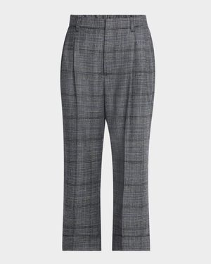 Pleated Wool Prince Of Wales Wide-Leg Crop Trousers